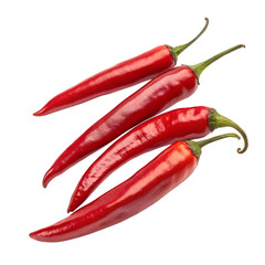 Four fresh red chili peppers on a transparent background.