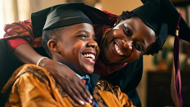 Happy smiling guy black african american in wheelchair with special needs with mom hugging, student and diploma on graduation outdoors, blue sky and pride in education celebration. Man and college or 