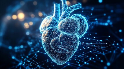 Futuristic digital heart visualization with glowing lines and connections in a tech background