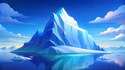 A majestic iceberg drifts through pristine Arctic waters, its crystalline ice reflecting the soft hues of the sky, with the vast underwater portion glowing in deep blue tones