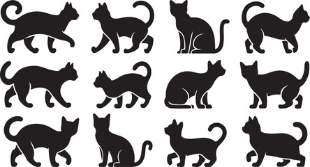 Set of cat silhouettes in various poses and styles vector 