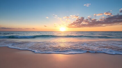 Fototapeta premium Stunning Beach Sunset with Vibrant Sky and Tranquil Ocean Waves at Golden Hour : Generative AI