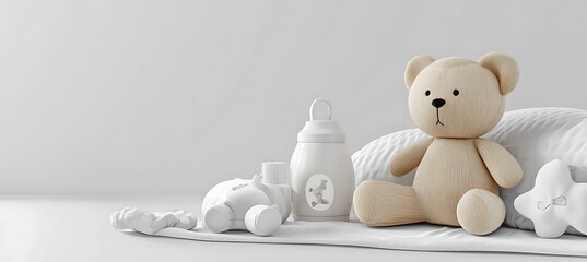 Wooden Teddy Bear and White Baby Accessories on a Soft Fabric