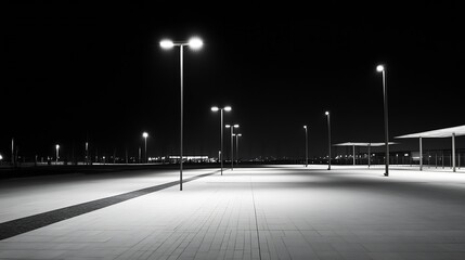 Serene Urban Nightscape Illuminated by Streetlamps Above Vast Empty Paved Area : Generative AI