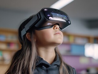 A child is engaged while using an AR headset in a classroom, creating an immersive learning experience.