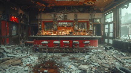 Dilapidated Remains of an Abandoned Bar in a Dystopian Cityscape