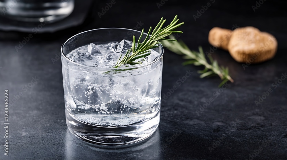 Poster refreshing gin and tonic with rosemary and ice on dark elegant background : generative ai