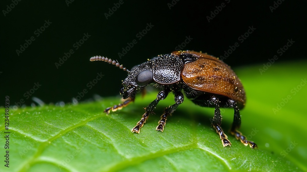 Poster closeup of brown beetle with textured shell perched on vibrant green leaf : generative ai