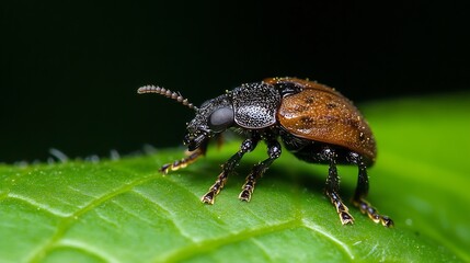 Closeup of brown beetle with textured shell perched on vibrant green leaf : Generative AI