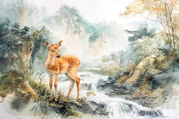 A serene scene of a deer standing by a flowing stream in a beautiful forest landscape.