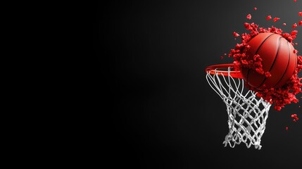 Exploding basketball scoring shot, dark background, sports action