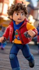 A cartoon-style child runs energetically in a vibrant street scene, holding an object in hand. The scene is colorful and dynamic, evoking a sense of adventure.