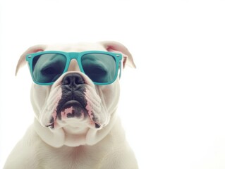 A cartoon-style colorful dog wearing stylish sunglasses sits against a white background, exuding a playful and cool vibe.