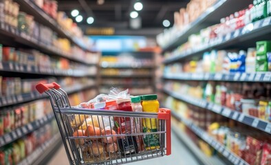 Grocery Shopping Cart Filled with Products in Supermarket Aisle