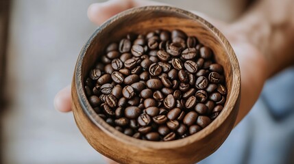 Fototapeta premium Wooden Bowl with Freshly Roasted Coffee Beans for Artisan Brewing : Generative AI