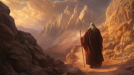 Dramatic gathering of people in a vast valley under golden light, symbolizing unity and spiritual connection. A cinematic depiction of a crowd led by a central figure in an awe-inspiring natural setti