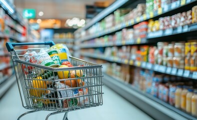 Grocery Shopping Cart Filled with Fresh Produce and Packaged Goods in a Supermarket Aisle