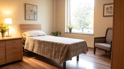 Fototapeta premium Peaceful Elderly Care Bedroom with Single Bed and Wooden Furniture for Senior Living Comfort : Generative AI