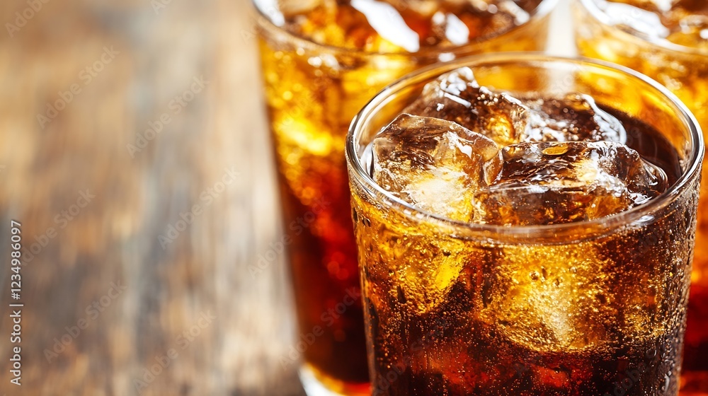 Poster closeup of three glasses brimming with cold cola and ice cubes on rustic surface : generative ai