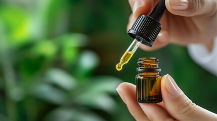 Hands Holding Dropper with CBD Oil Against Leafy Green Background for Natural Healing Concept : Generative AI