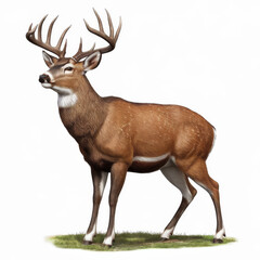 Fototapeta premium Majestic white tailed deer with large antlers standing on grass. Wildlife illustration isolated on a white background