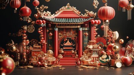 Obraz premium Festive Chinese New Year Temple Scene With Lanterns And Gold