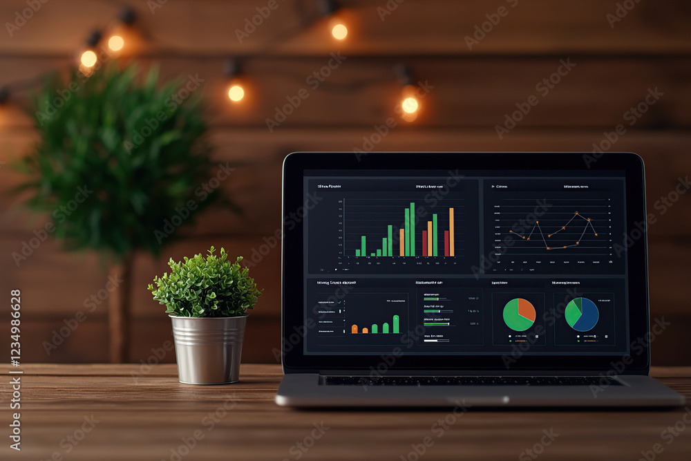 Poster laptop displaying colorful data dashboards with charts and graphs is placed on wooden desk, accompan