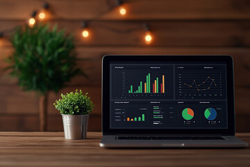 laptop displaying colorful data dashboards with charts and graphs is placed on wooden desk, accompanied by small potted plant. background features warm, ambient lighting, creating cozy atmosphere