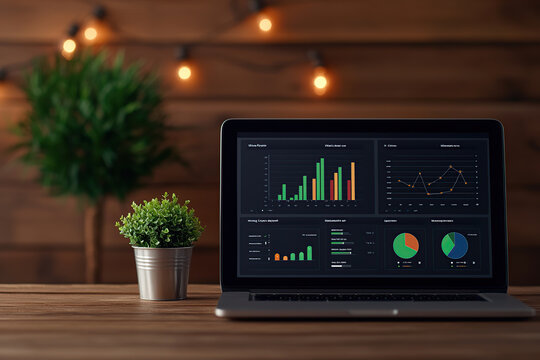 laptop displaying colorful data dashboards with charts and graphs is placed on wooden desk, accompanied by small potted plant. background features warm, ambient lighting, creating cozy atmosphere