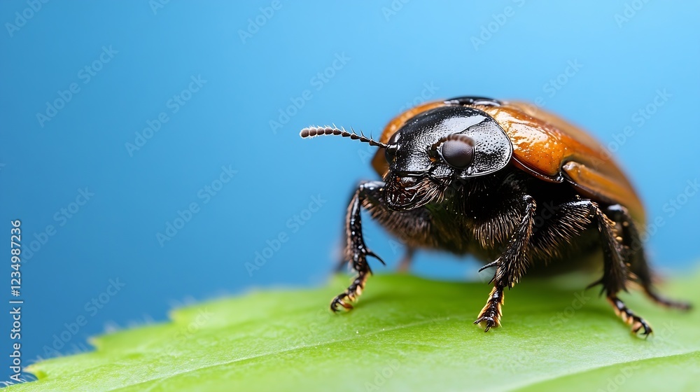 Poster close up of a beetle on a leaf in a natural environment with vibrant blue background : generative ai