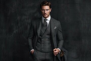Young caucasian male in gray suit posing against dark wall. Neural network AI generated