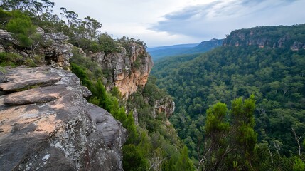 Obraz premium Breathtaking Cliffside View Overlooking Expansive Forested Valley in Untouched Wilderness : Generative AI