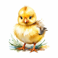 Yellow Easter chick painted in watercolor style, isolated on white or transparent 