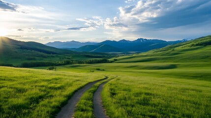 Fototapeta premium Vast Green Meadow with Mountain Range and Blue Sky at Sunset Creating Serenity : Generative AI