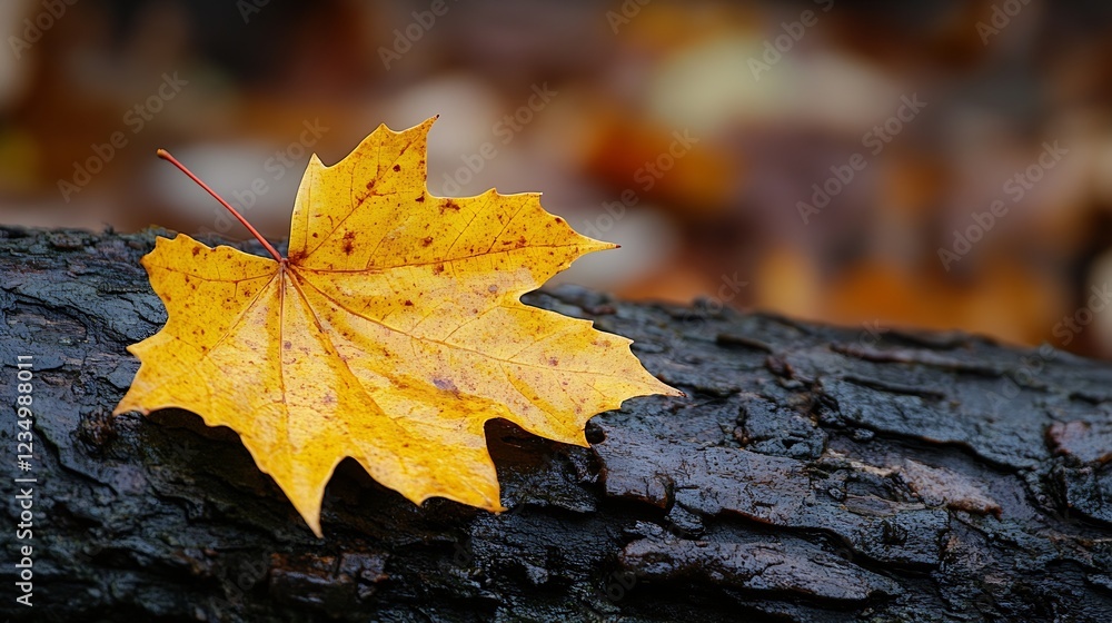 Poster Single Yellow Maple Leaf on Rustic Log in Autumn Forest : Generative AI