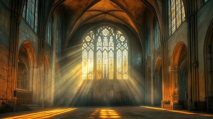 Obraz premium Inside view of an old European cathedral, sunlight streaming through high windows, majestic and historical 
