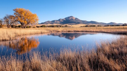 Fototapeta premium Autumn landscape, pond reflecting mountain, clear sky
