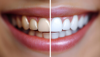 Closeup split image of teeth showing the before and after results of teeth whitening treatment, dental Plaque, stain removal concept 