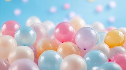 Colorful Pastel Balloons Floating Against a Soft Blue Background : Generative AI