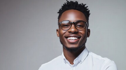 Obraz premium A smiling young man wearing glasses and a white shirt