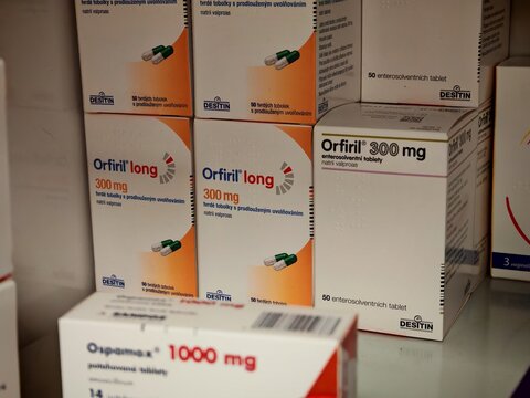 Prague,Czech republic-February 3 2025:Orfiril Long box of medication with Valproic acid active substance by Desitin,used for treatment of Epilepsy,Seizures,Epileptic seizures