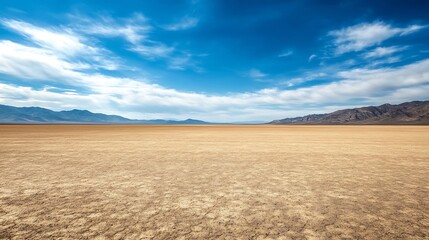 Fototapeta premium Vast Empty Desert Landscape Under Vibrant Blue Sky with Wispy Clouds : Generative AI