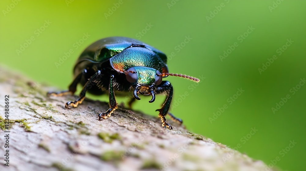 Poster metallic green beetle perched on tree branch in vibrant macro nature shot : generative ai