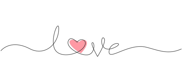 Love text continuous line. Love line art drawing. Love heart hand drawn doodle art. Editable line