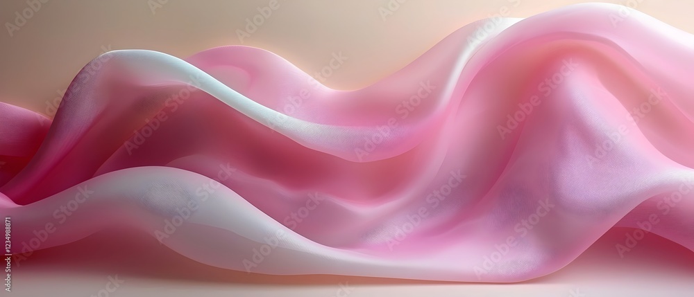 Poster a delicate flow of soft pink and white translucent fabric, creating gentle waves and an ethereal atm