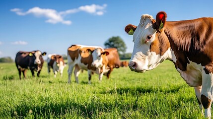 Brown and White Cows Grazing in Lush Green Pasture Under Blue Sky : Generative AI