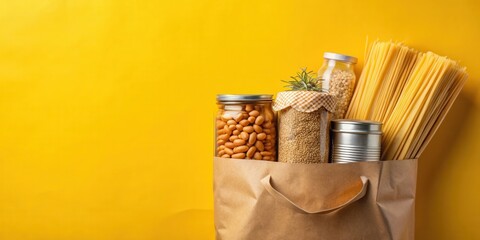 A Paper Bag Filled with Essential Food Items for Donation on a Vibrant Yellow Background