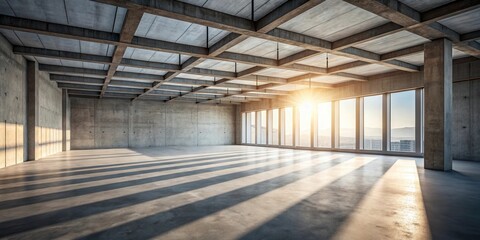 A spacious concrete room with large windows showcasing a panoramic city skyline, bathed in the golden glow of sunrise.