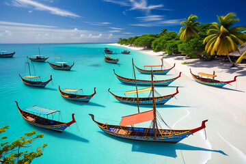 Beautiful tropical island with traditional longtail boats. 3d render. AI Generative