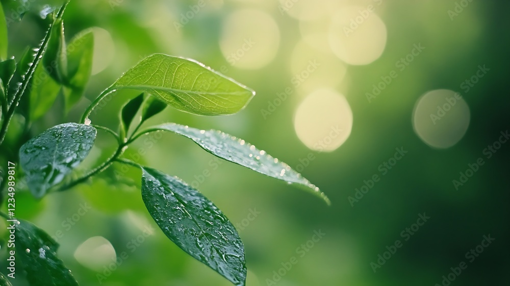 Poster close up of fresh green leaves with dewdrops in a serene natural bokeh background : generative ai